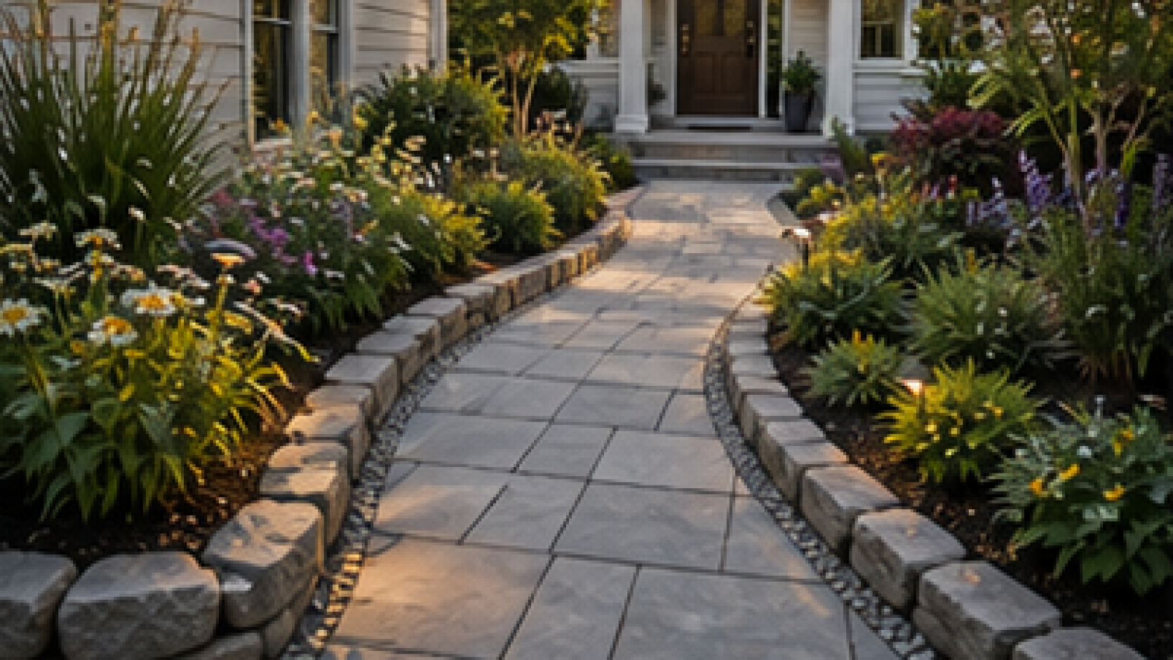 Front Yard Walkway Ideas with stone border