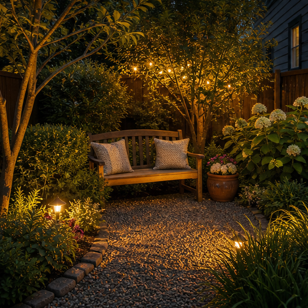 Garden Seating Area Ideas with evening light