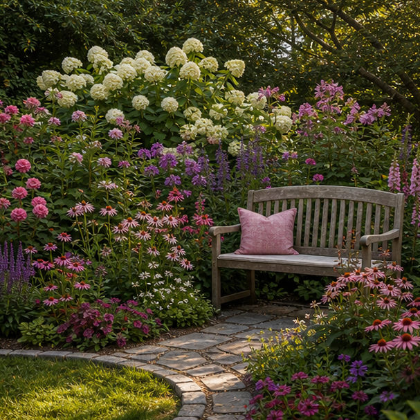 Garden Seating Area Ideas with flower backdrop