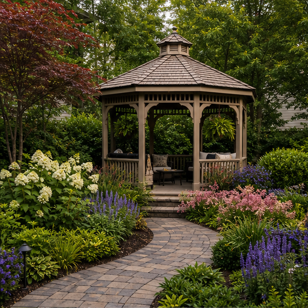 Gazebo Ideas with lush planting