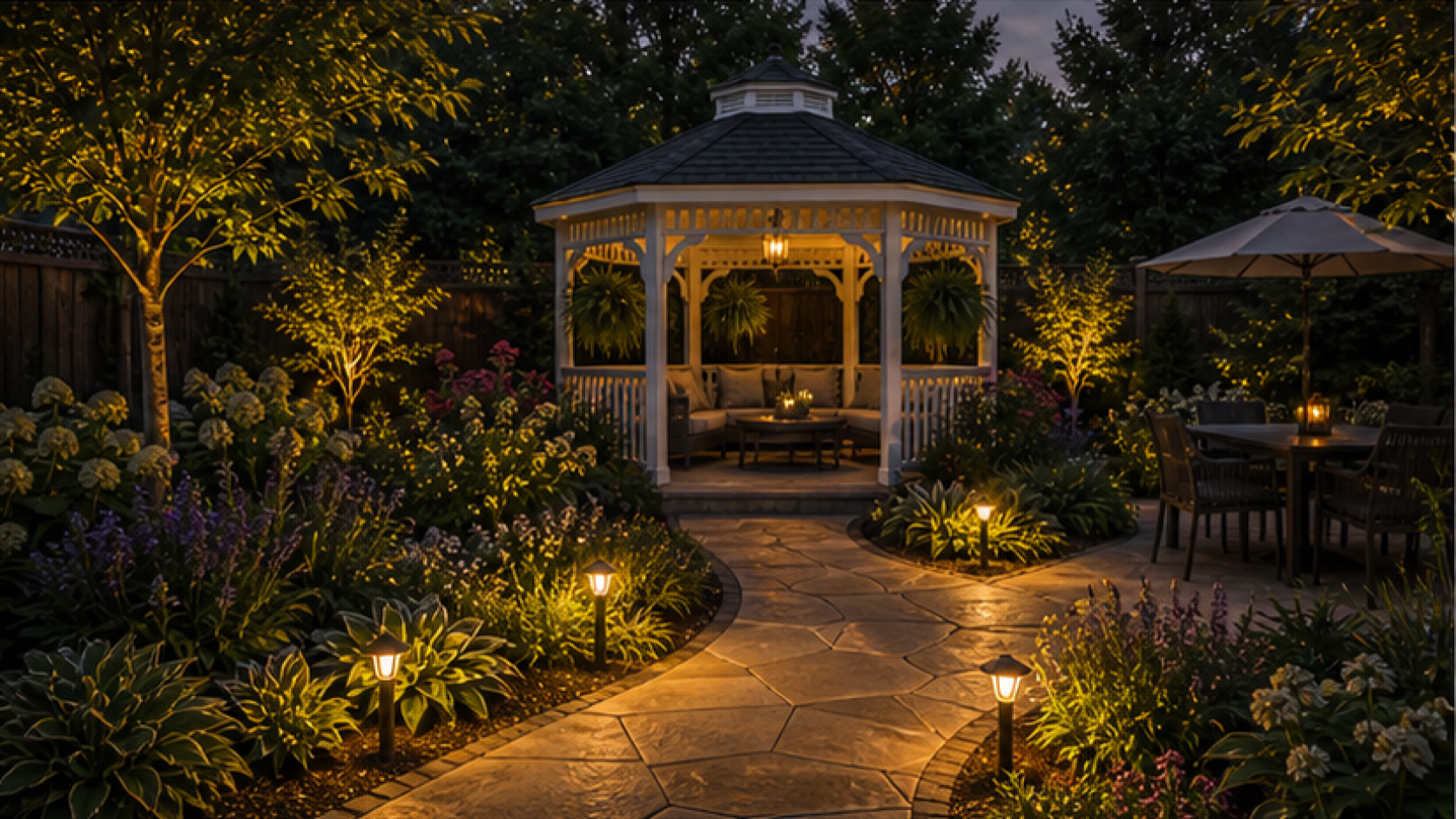 Gazebo Ideas with path light accents