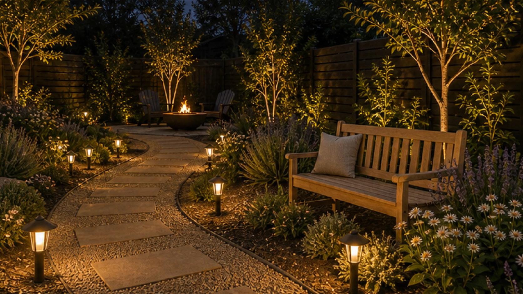 Landscape Lighting Ideas with a bench accent