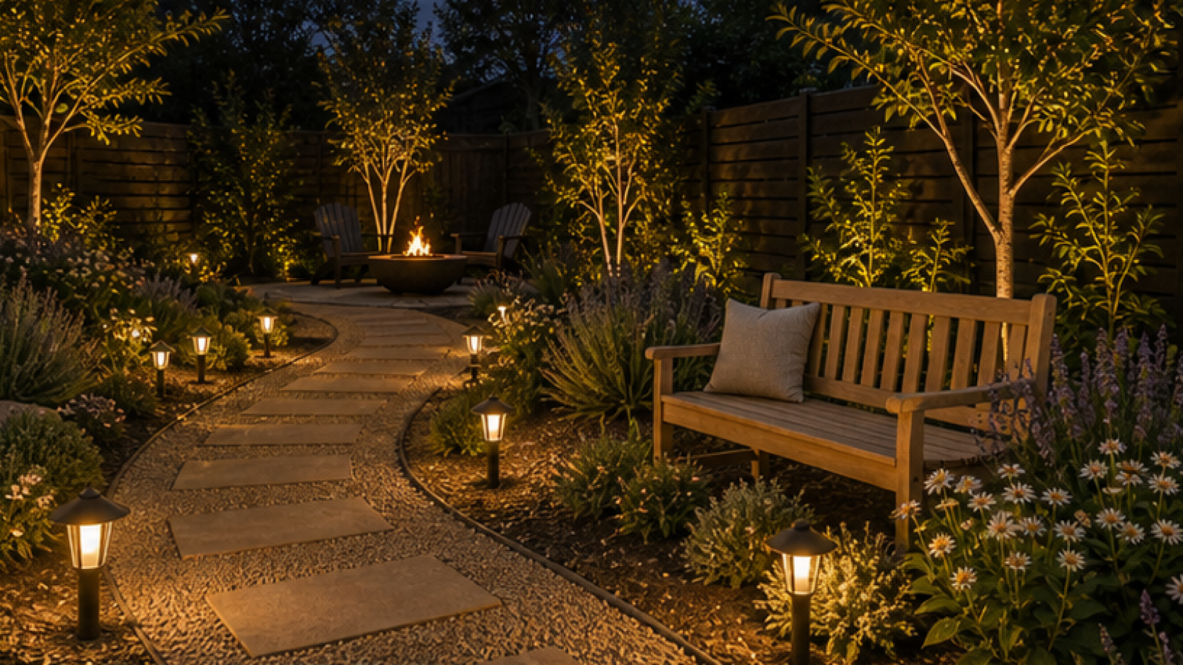 Landscape Lighting Ideas with a bench accent