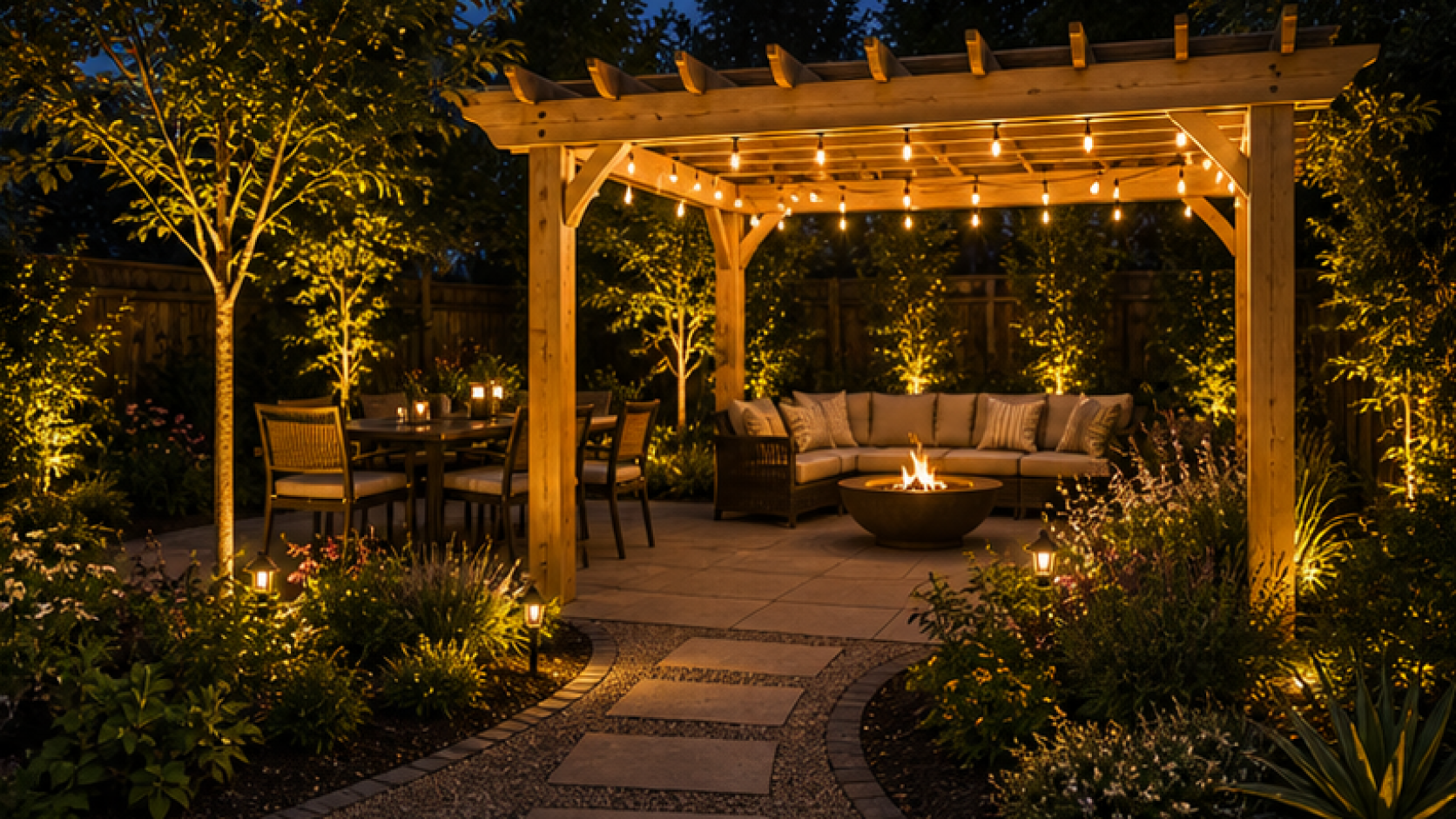 Landscape Lighting Ideas with a pergola accent