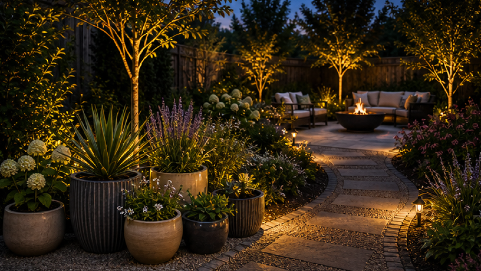 Landscape Lighting Ideas with grouped planters