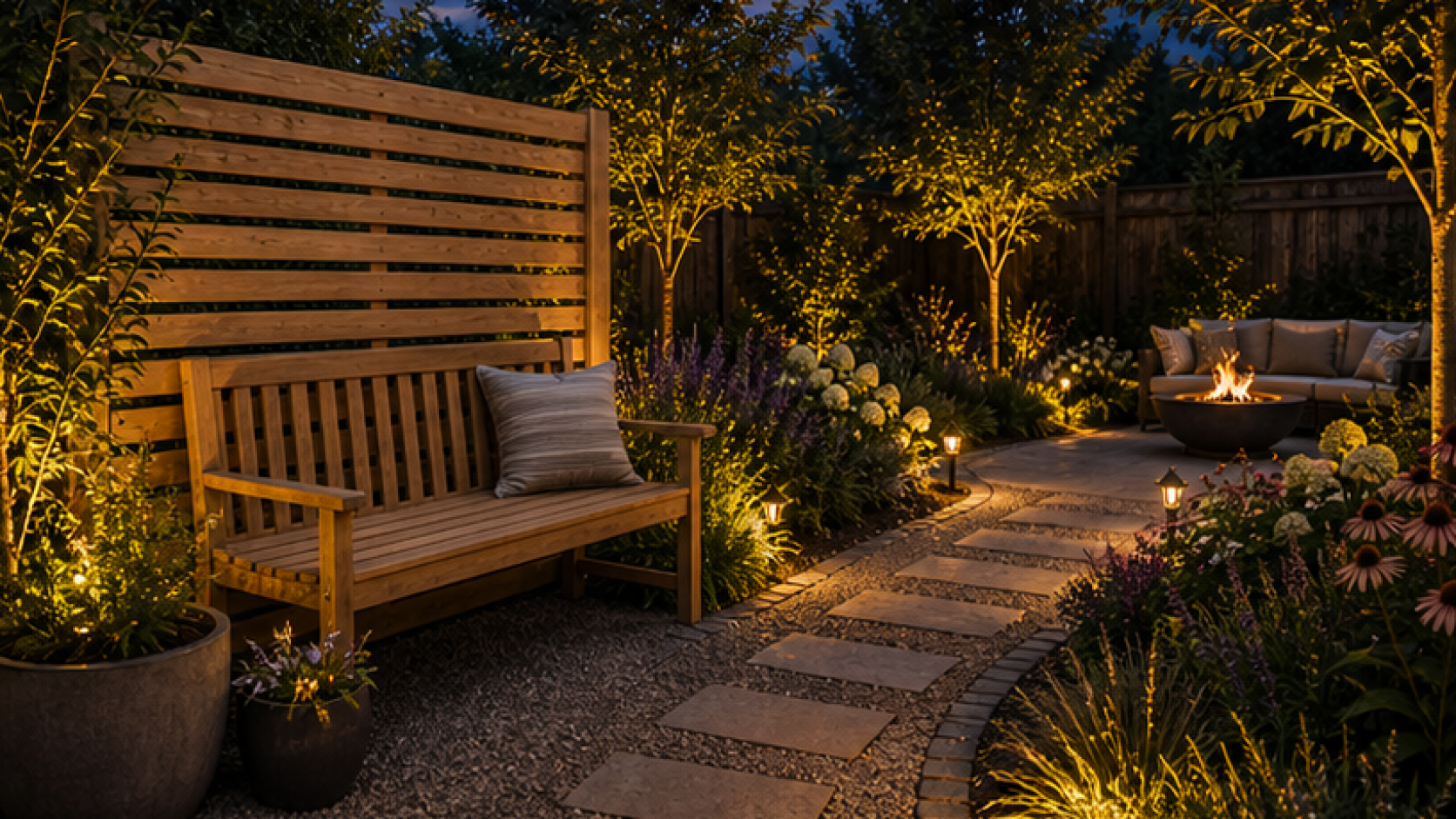 Landscape Lighting Ideas with natural wood accents