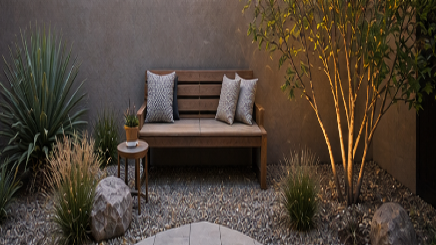 Low Maintenance Backyard Landscaping Ideas with bench nook