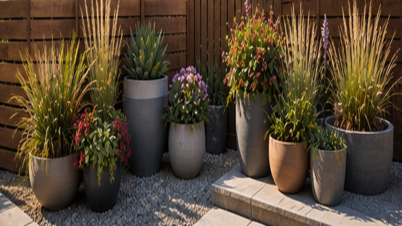 Low Maintenance Backyard Landscaping Ideas with planters
