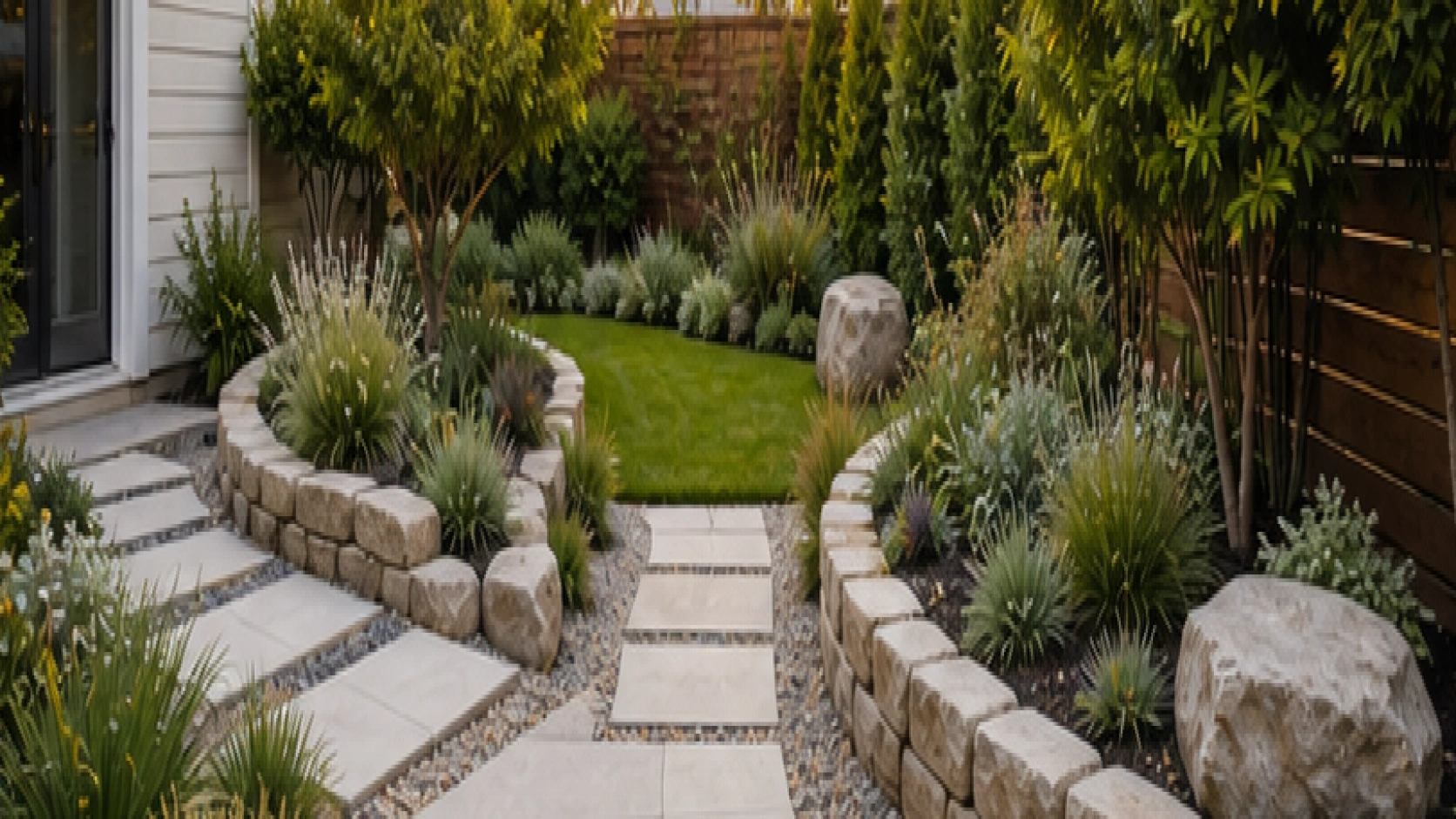 Low Maintenance Backyard Landscaping Ideas with stone border