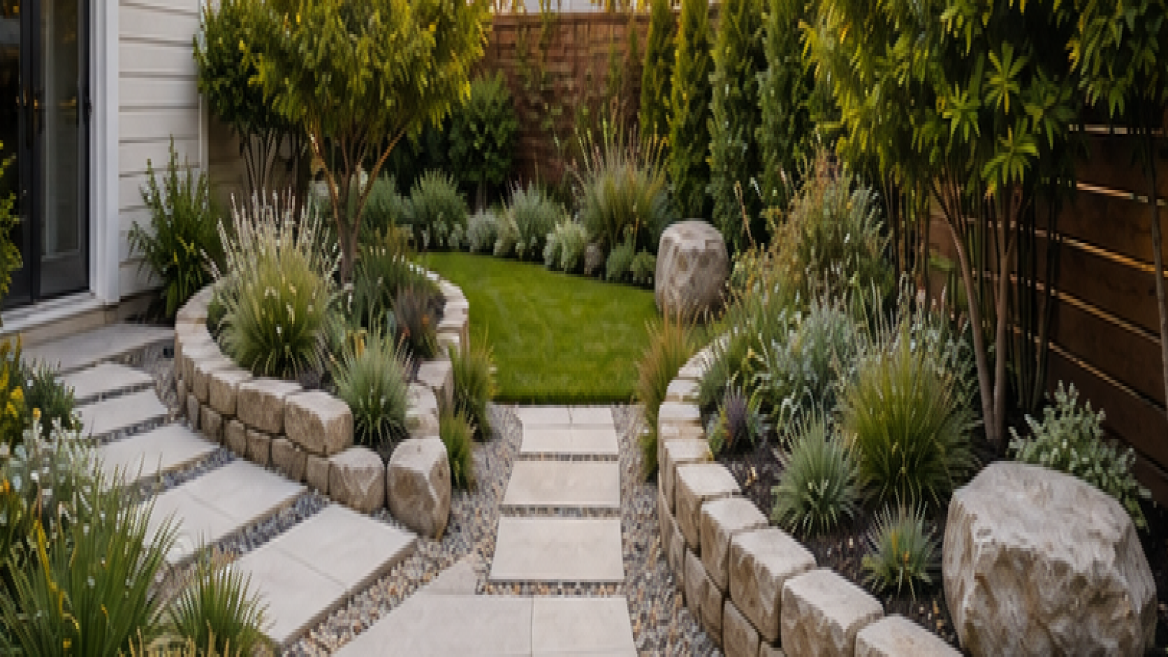 Low Maintenance Backyard Landscaping Ideas with stone border