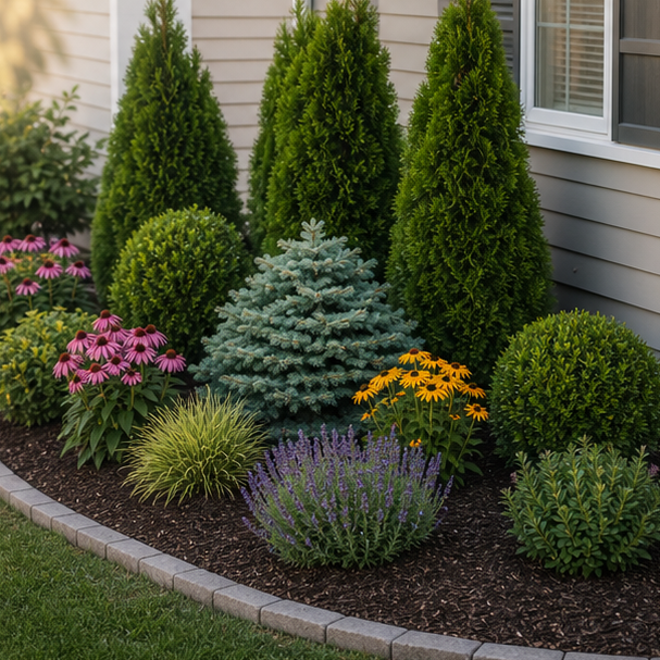 Low Maintenance Flower Bed Ideas with evergreen shrubs