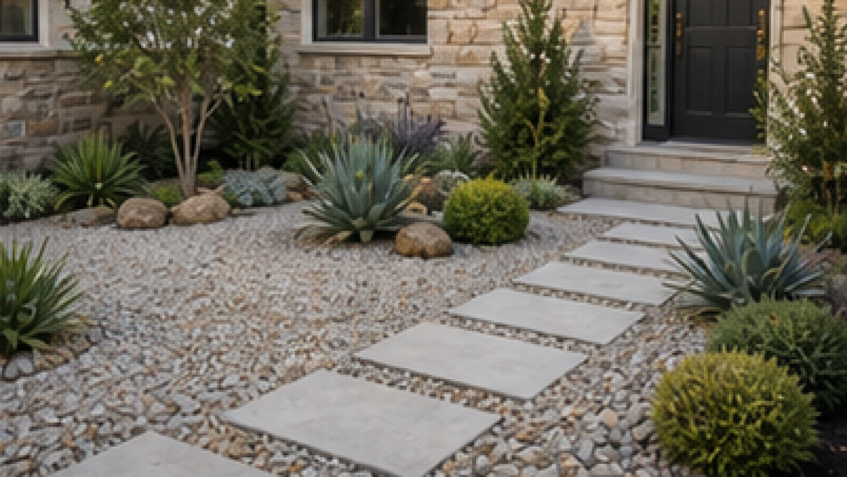 Low Maintenance Front Yard Landscaping Ideas with light gravel