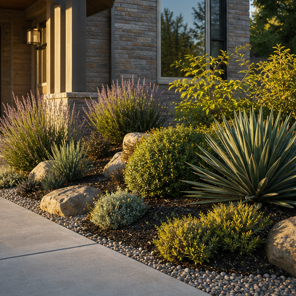 Low Maintenance Front Yard Landscaping Ideas with layered planting