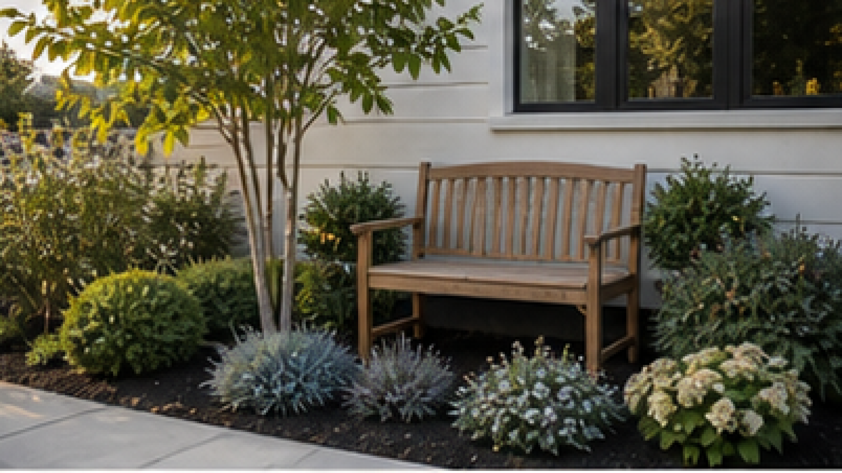 Low Maintenance Front Yard Landscaping Ideas with garden bench