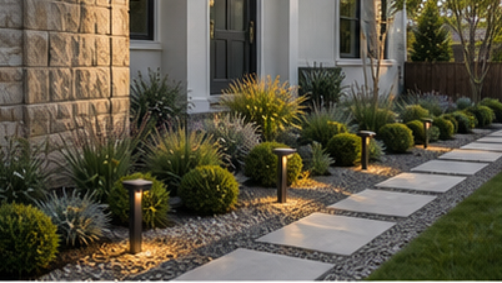Low Maintenance Front Yard Landscaping Ideas with path lights