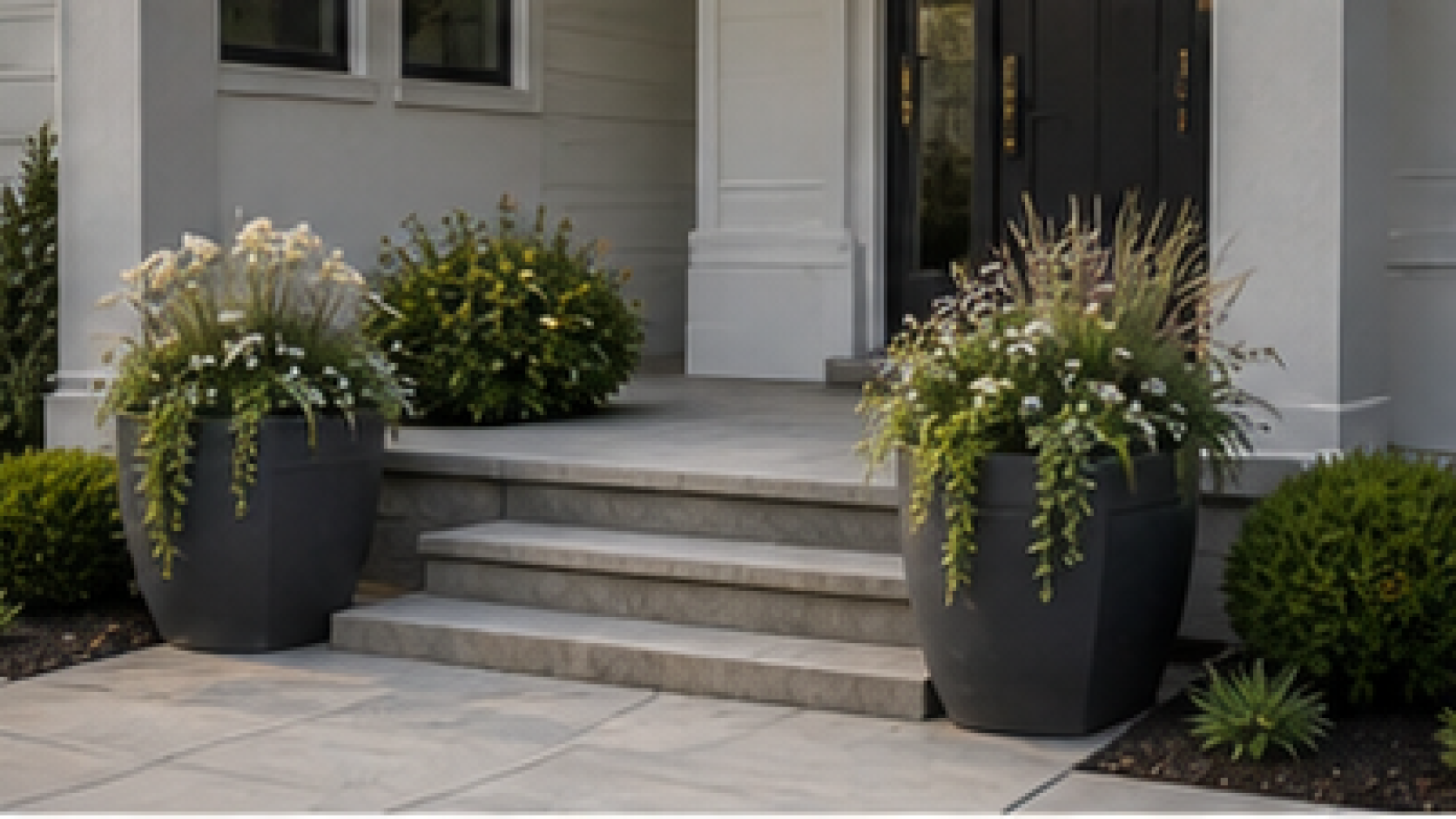 Low Maintenance Front Yard Landscaping Ideas with entry planters