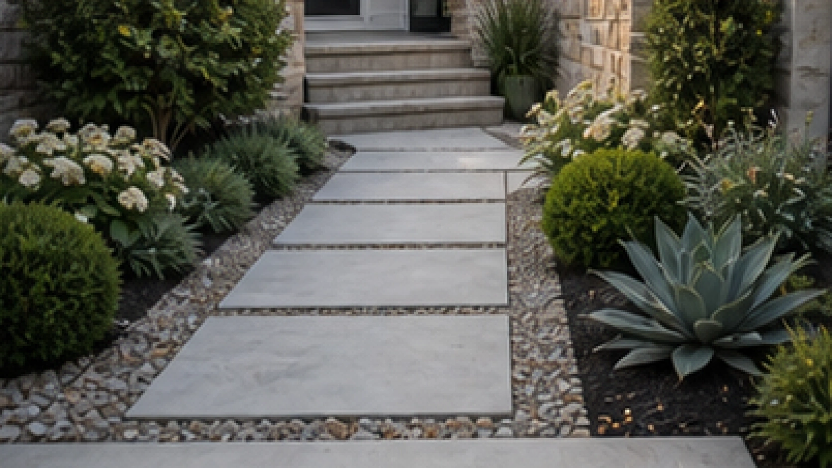 Low Maintenance Front Yard Landscaping Ideas with light pavers