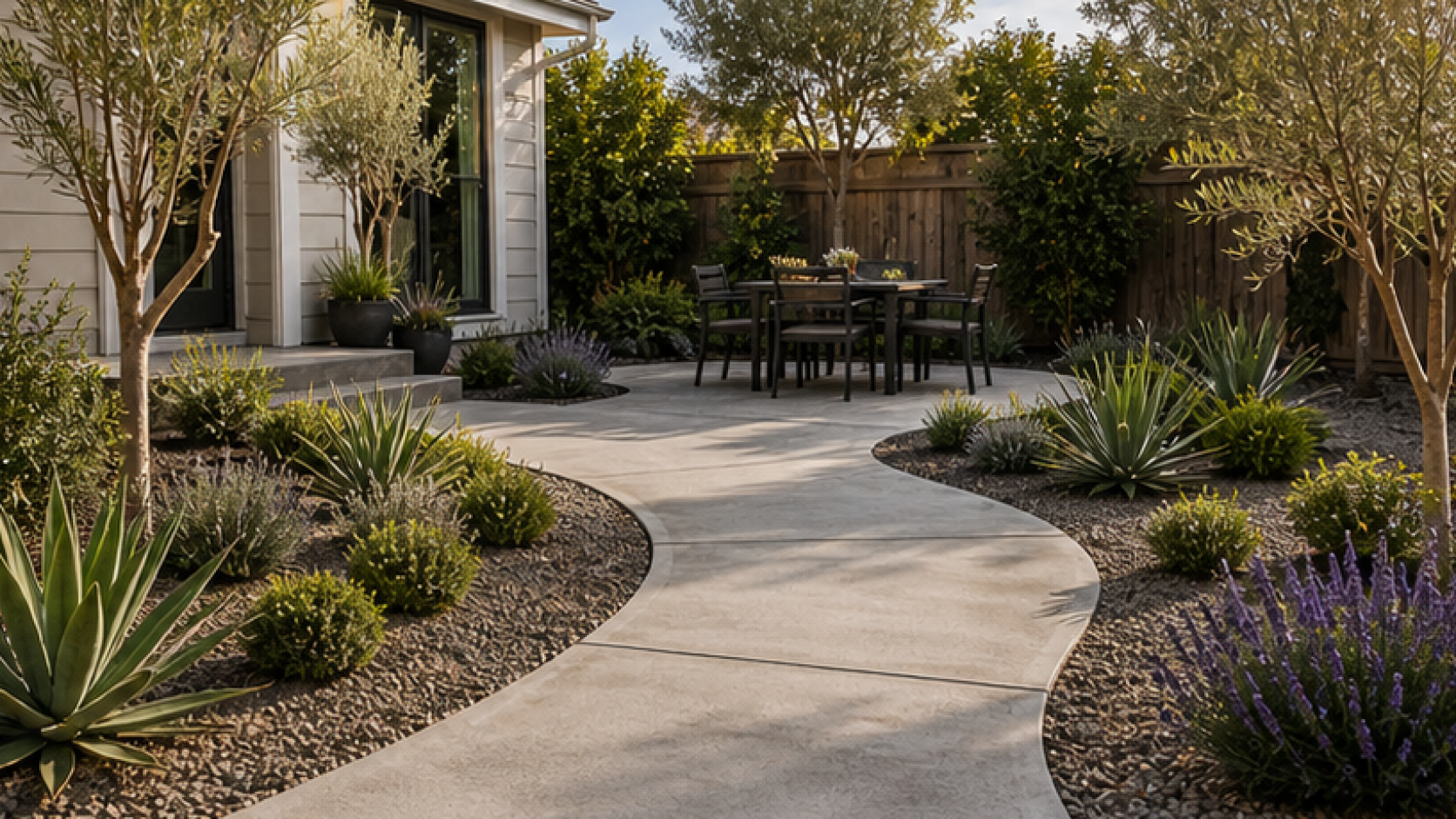 Low Maintenance Landscaping Ideas with a natural concrete look