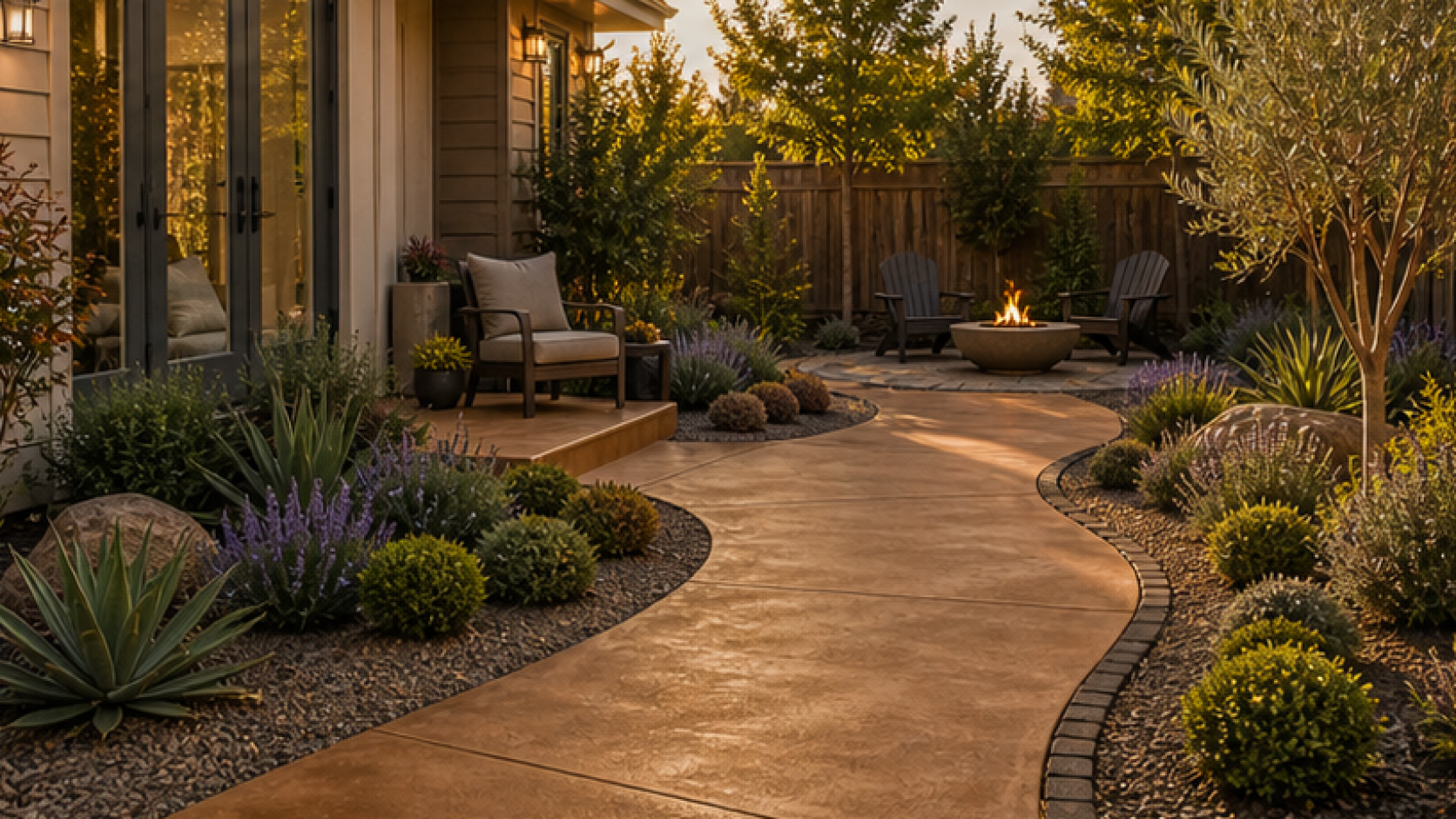 Low Maintenance Landscaping Ideas with a treated concrete look