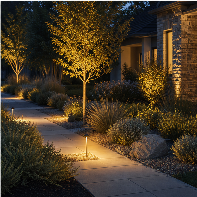 Low Maintenance Landscaping Ideas with evening light