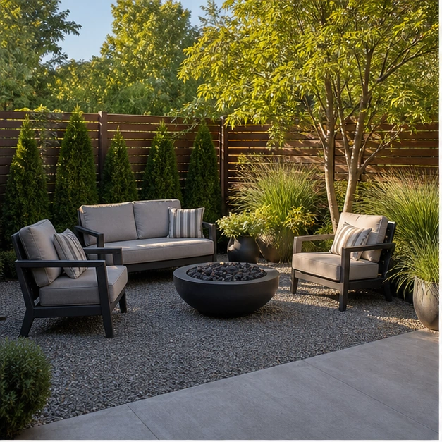 Low Maintenance Landscaping Ideas with seating zone