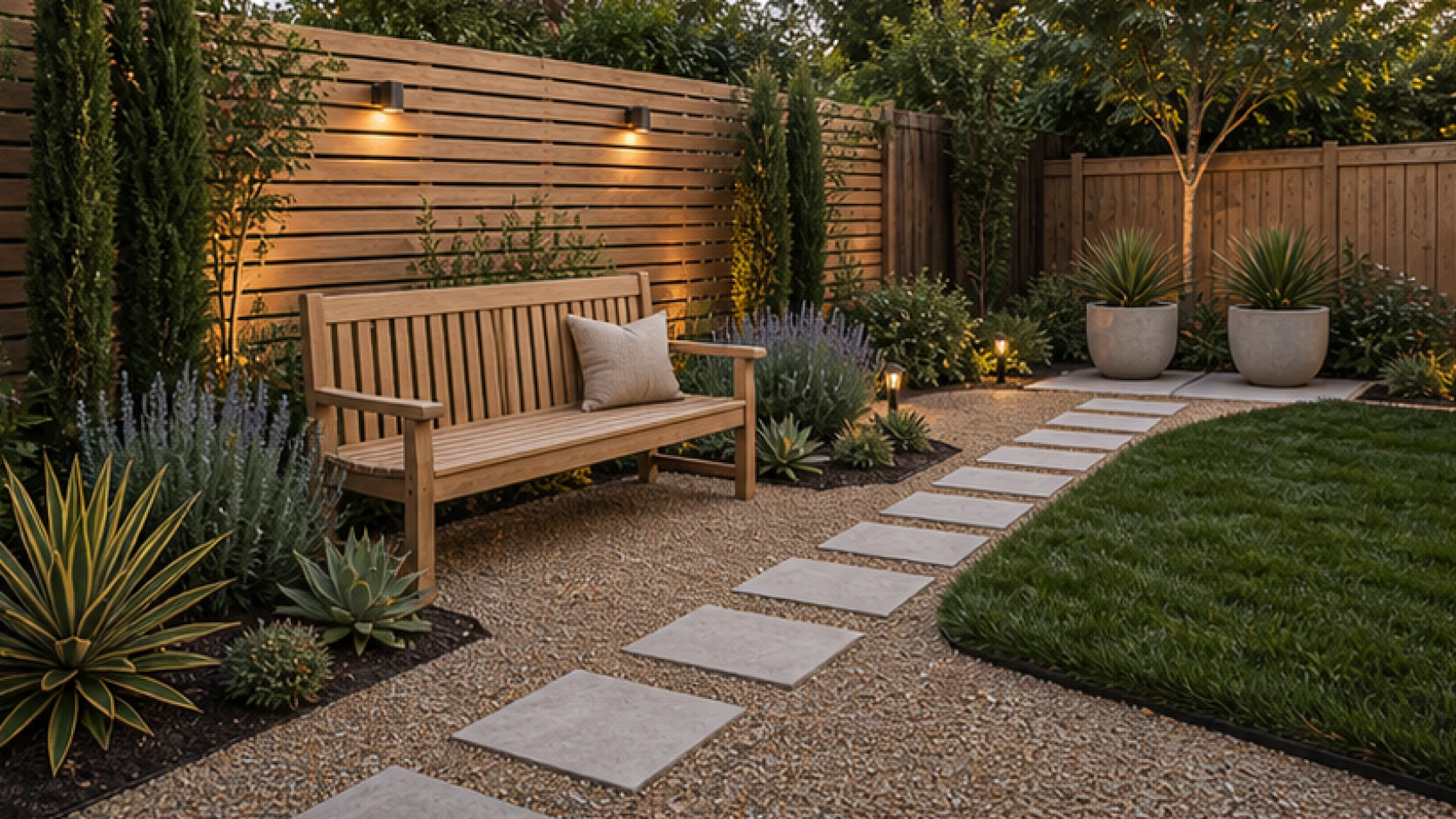 Low Maintenance Landscaping Ideas with a bench accent