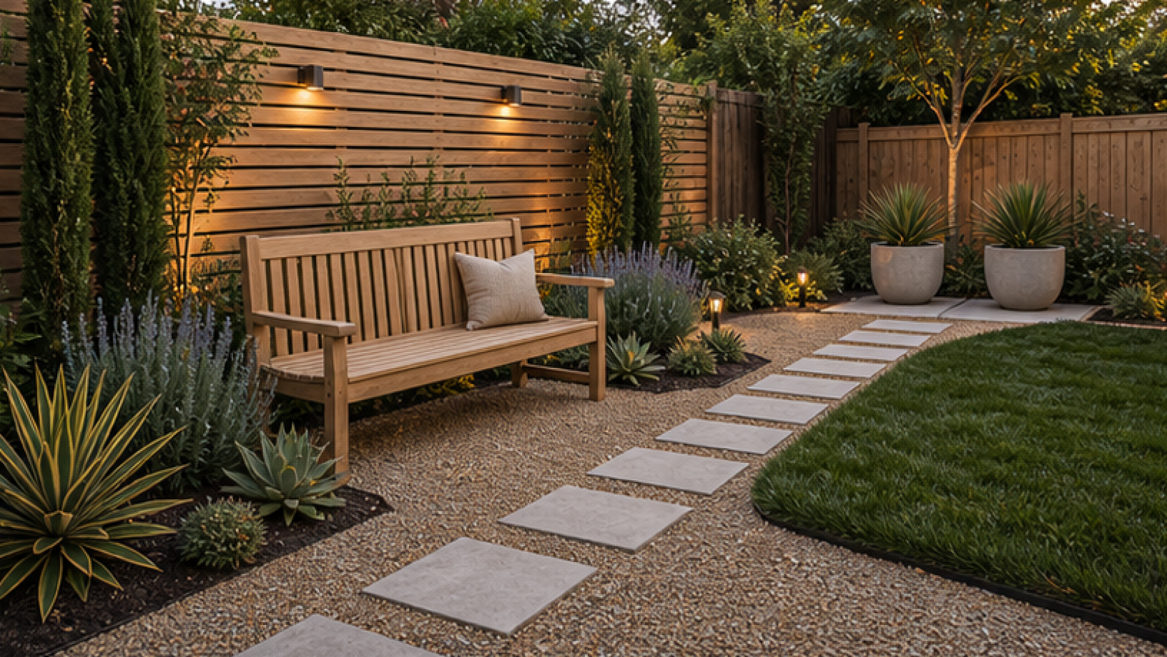 Low Maintenance Landscaping Ideas with a bench accent