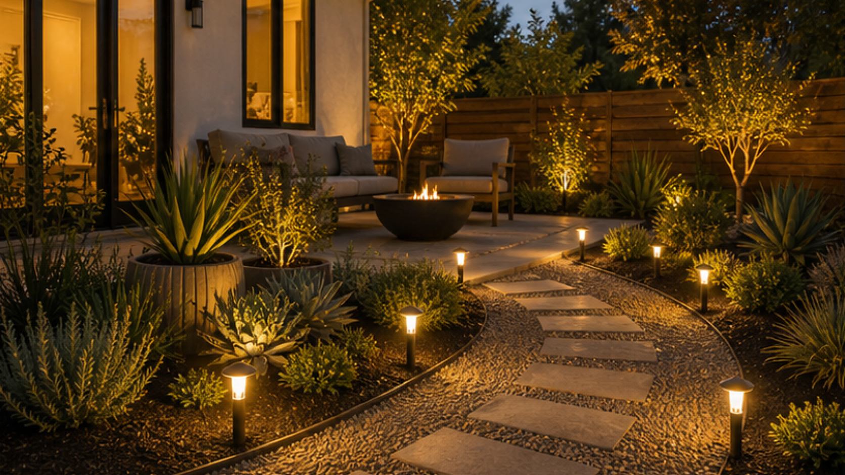 Low Maintenance Landscaping Ideas with path light accents