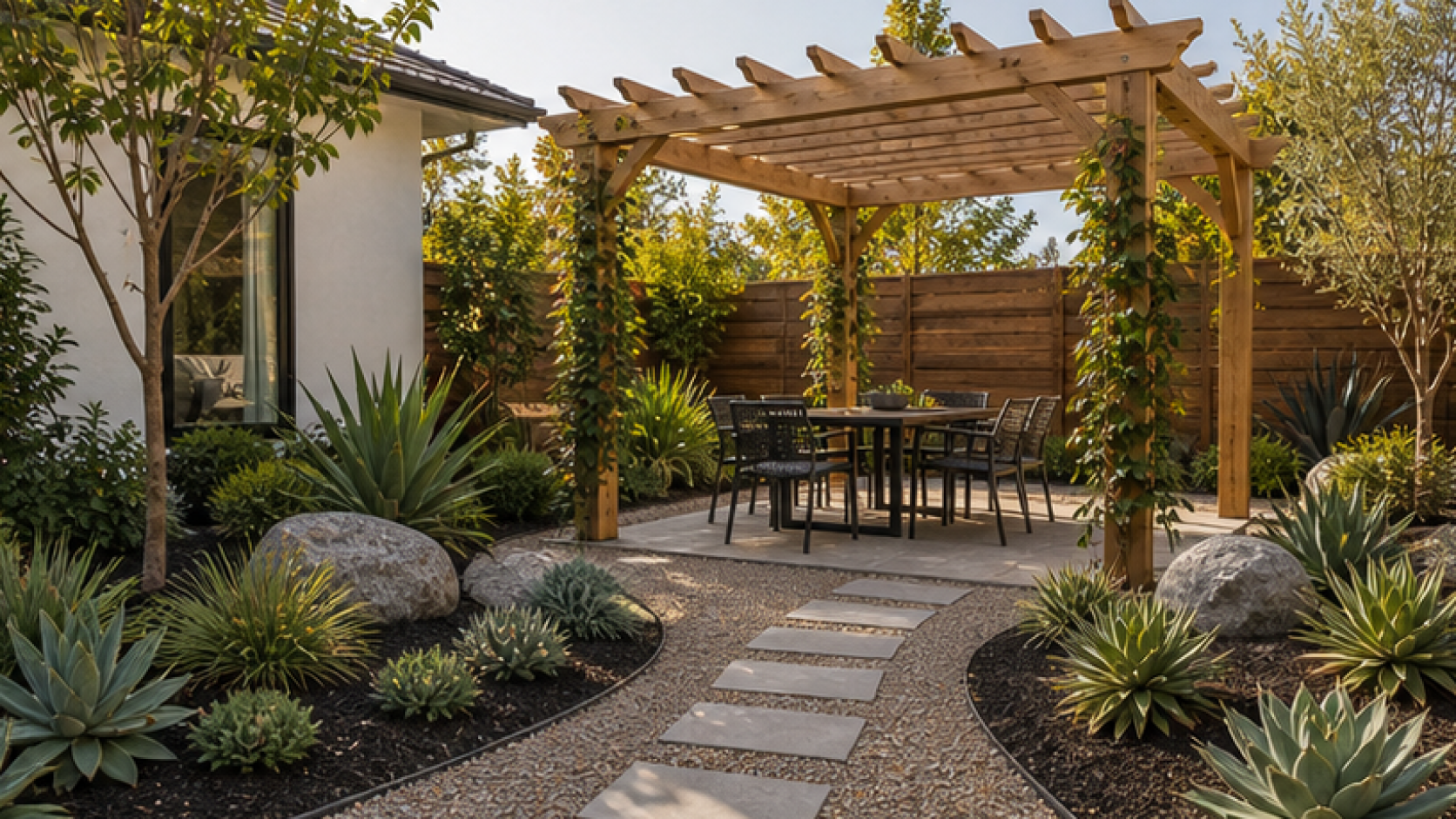 Low Maintenance Landscaping Ideas with a pergola accent