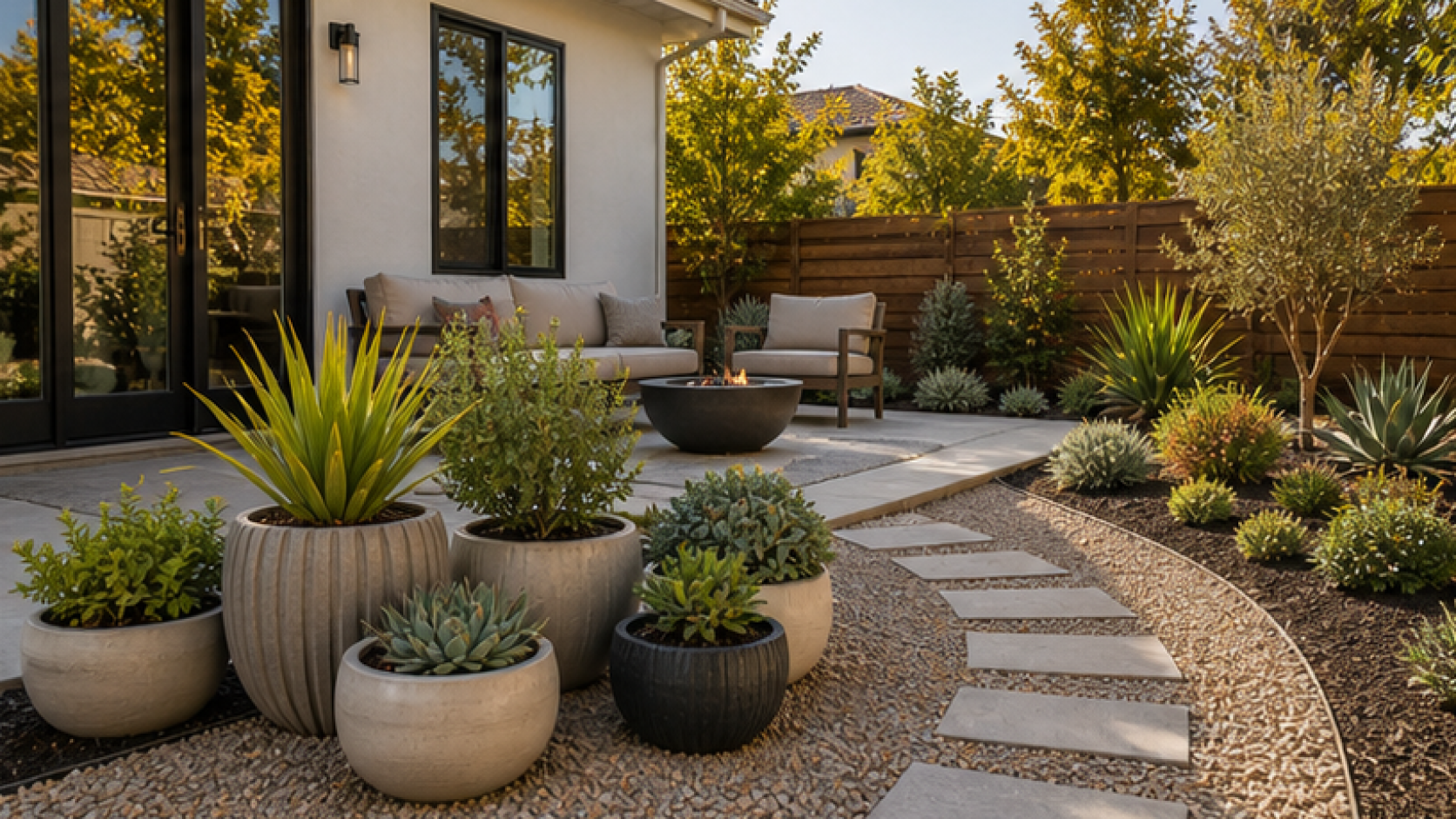 Low Maintenance Landscaping Ideas with grouped planters