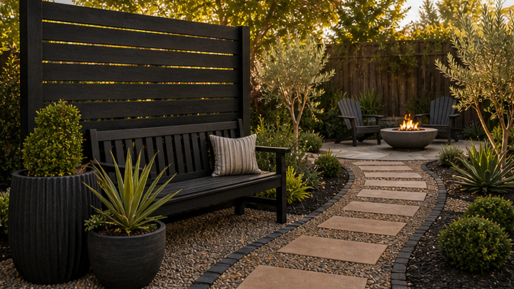 Low Maintenance Landscaping Ideas with dark wood accents