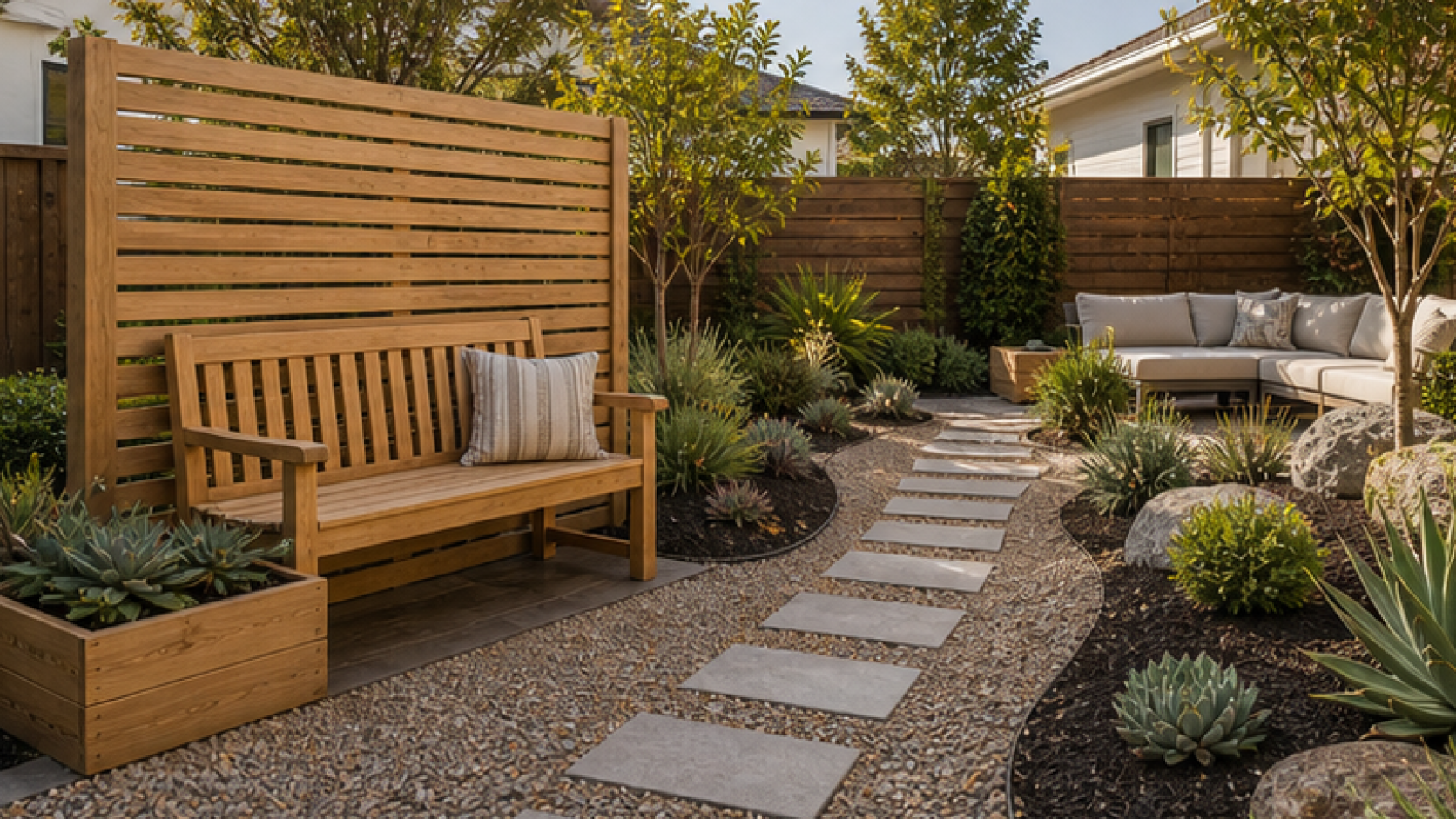 Low Maintenance Landscaping Ideas with natural wood accents