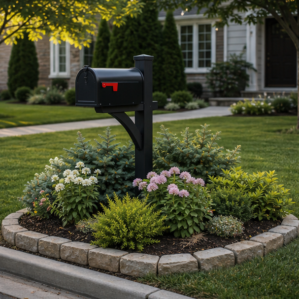 Mailbox Landscaping Ideas with evergreen structure