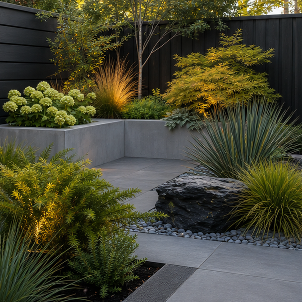 Modern Backyard Landscaping Ideas with layered planting
