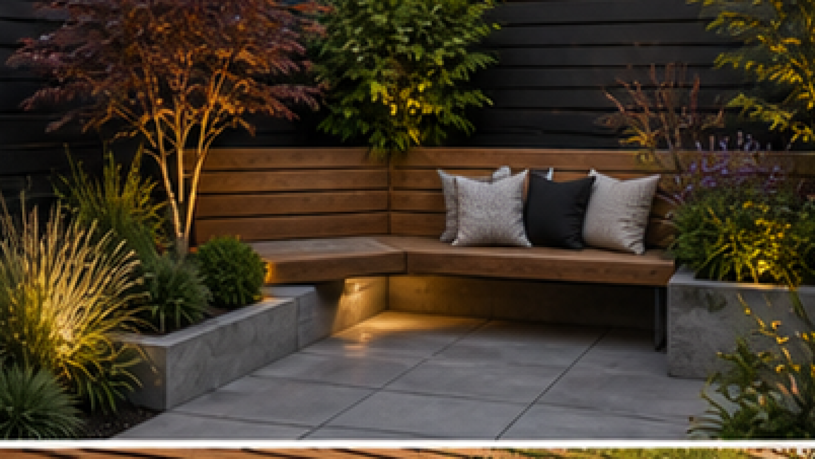 Modern Backyard Landscaping Ideas with bench nook