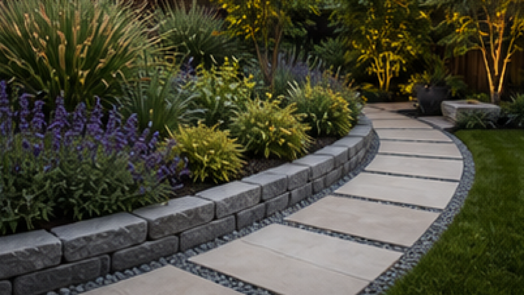 Modern Backyard Landscaping Ideas with stone border