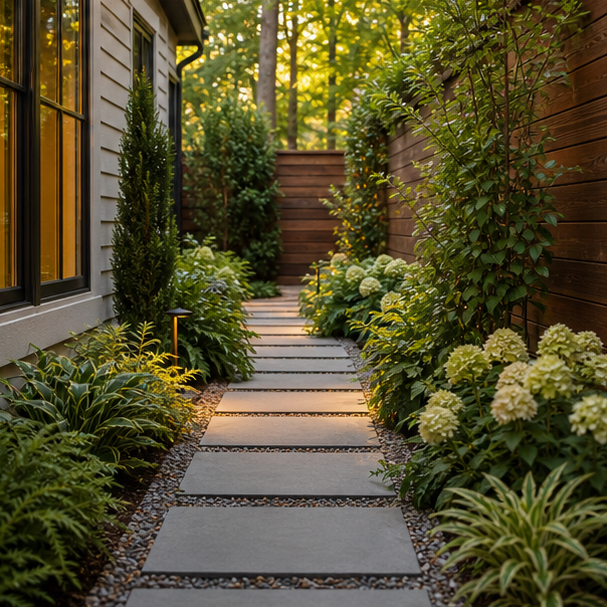 Narrow Backyard Landscaping Ideas with layered planting