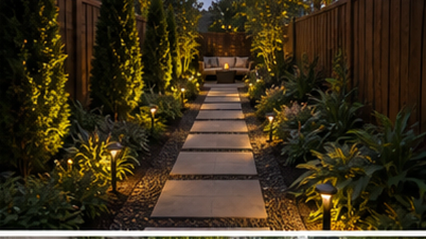 Narrow Backyard Landscaping Ideas with path lights
