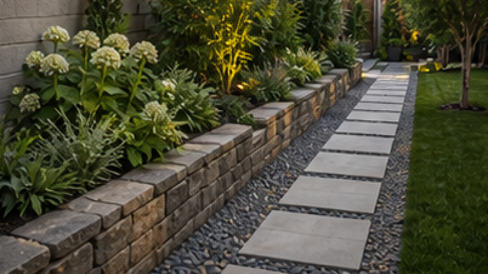 Narrow Backyard Landscaping Ideas with stone border