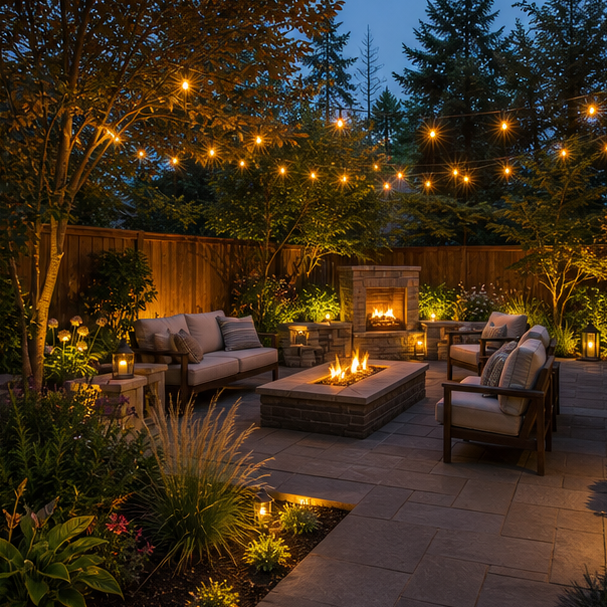 Outdoor Living Landscaping Ideas with evening glow