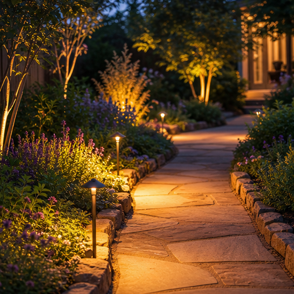 Outdoor Pathway Lighting Ideas with layered planting