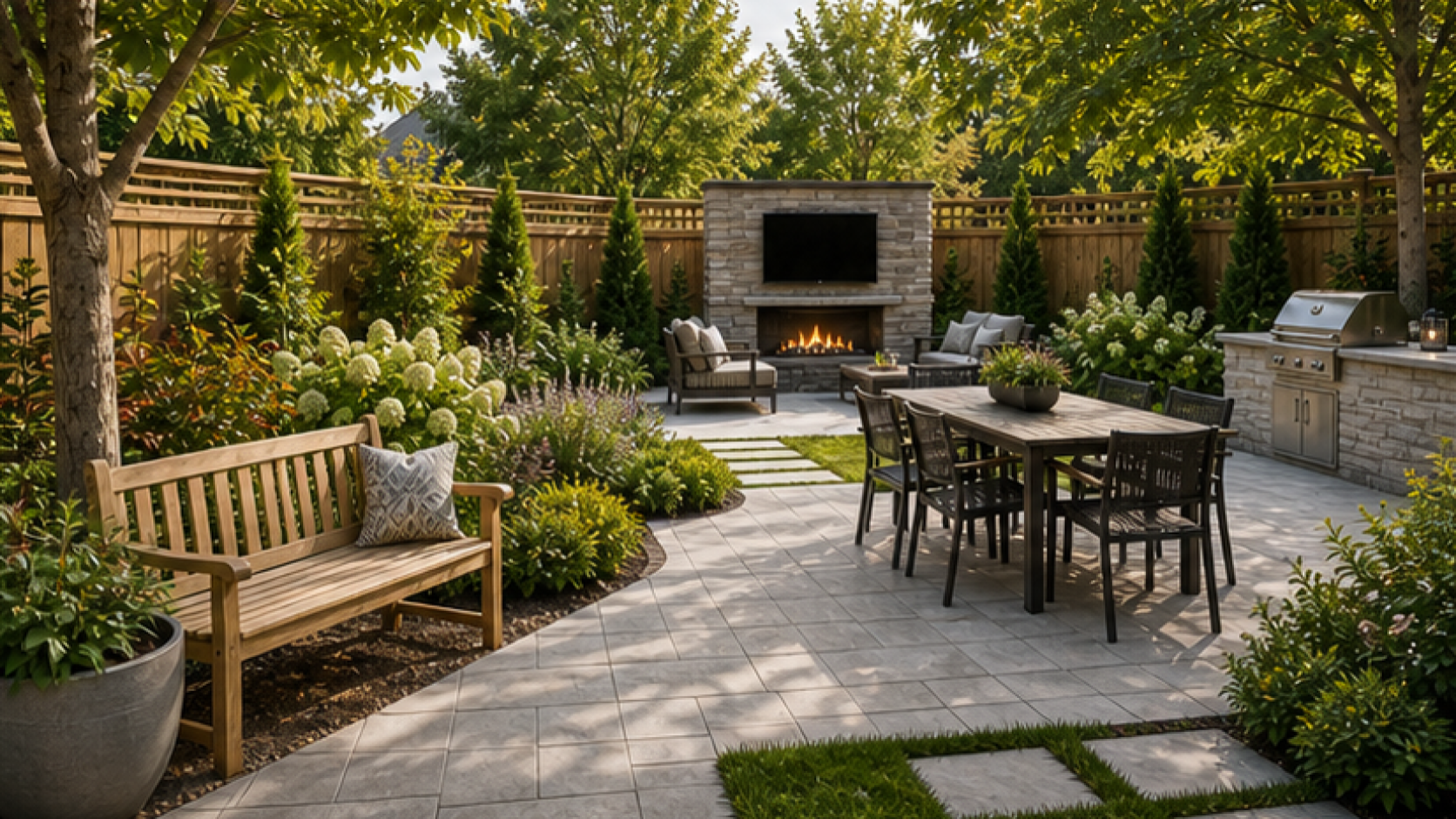 Patio Ideas with a bench accent
