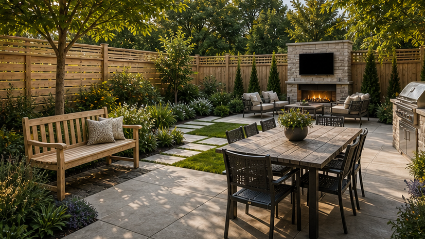 Patio Ideas with a bench accent