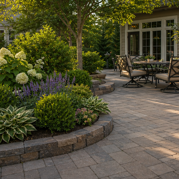 Paver Patio Ideas with layered planting