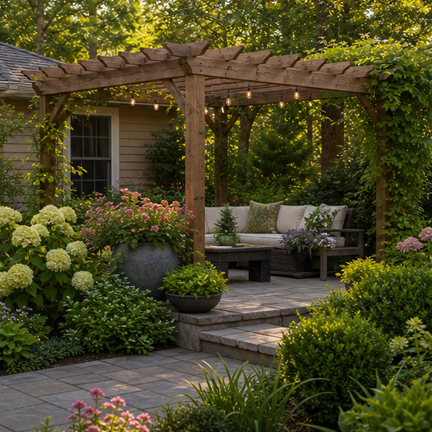 Pergola Landscaping Ideas with layered planting