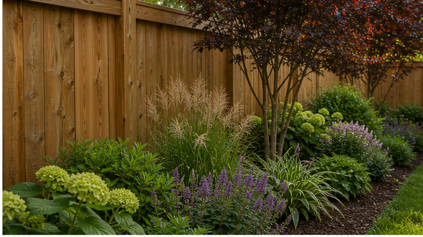 Privacy Fence Landscaping Ideas with planting and material detail