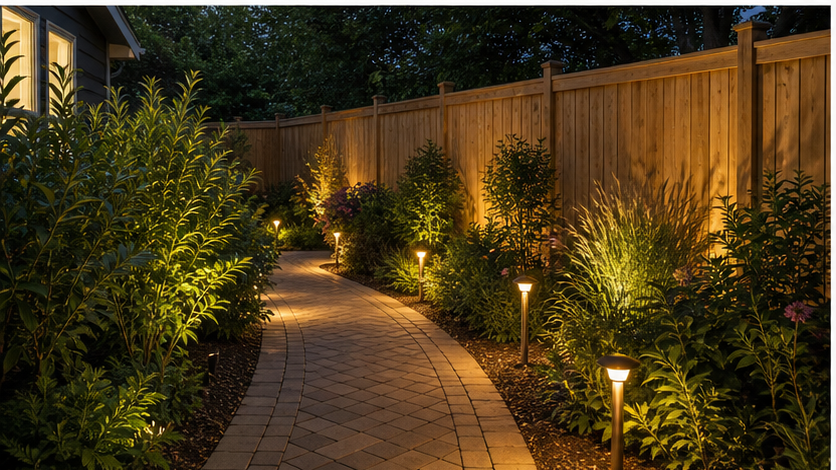 Privacy Fence Landscaping Ideas with lighting idea