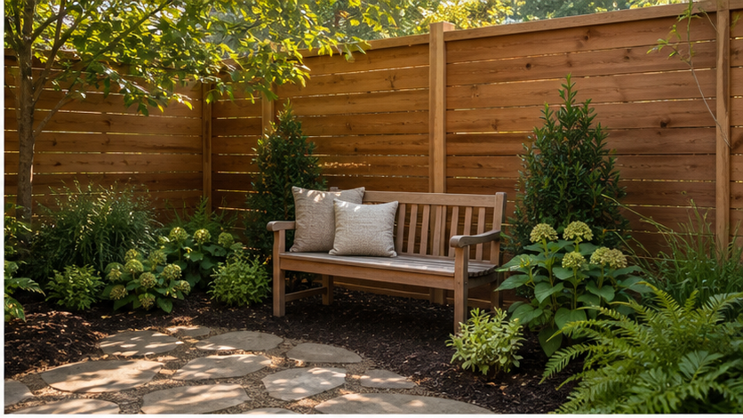 Privacy Fence Landscaping Ideas with bench nook