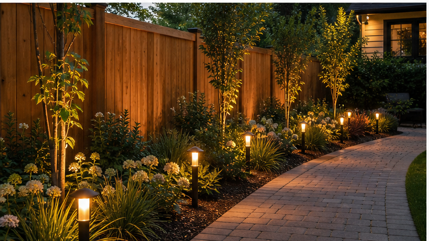 Privacy Fence Landscaping Ideas with path lights
