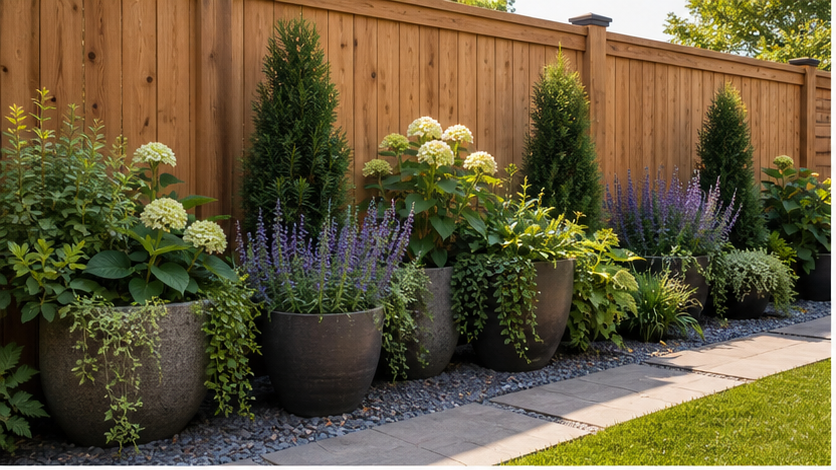 Privacy Fence Landscaping Ideas with planters